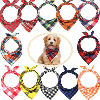 12 Piece Dog Bandanas Plaid Pet Bandanas Scarf Triangle Bibs Kerchief Washable Reversible Adjustable Pet Costume Accessories for Small Large Dogs and Cats(Lattice Graphic)