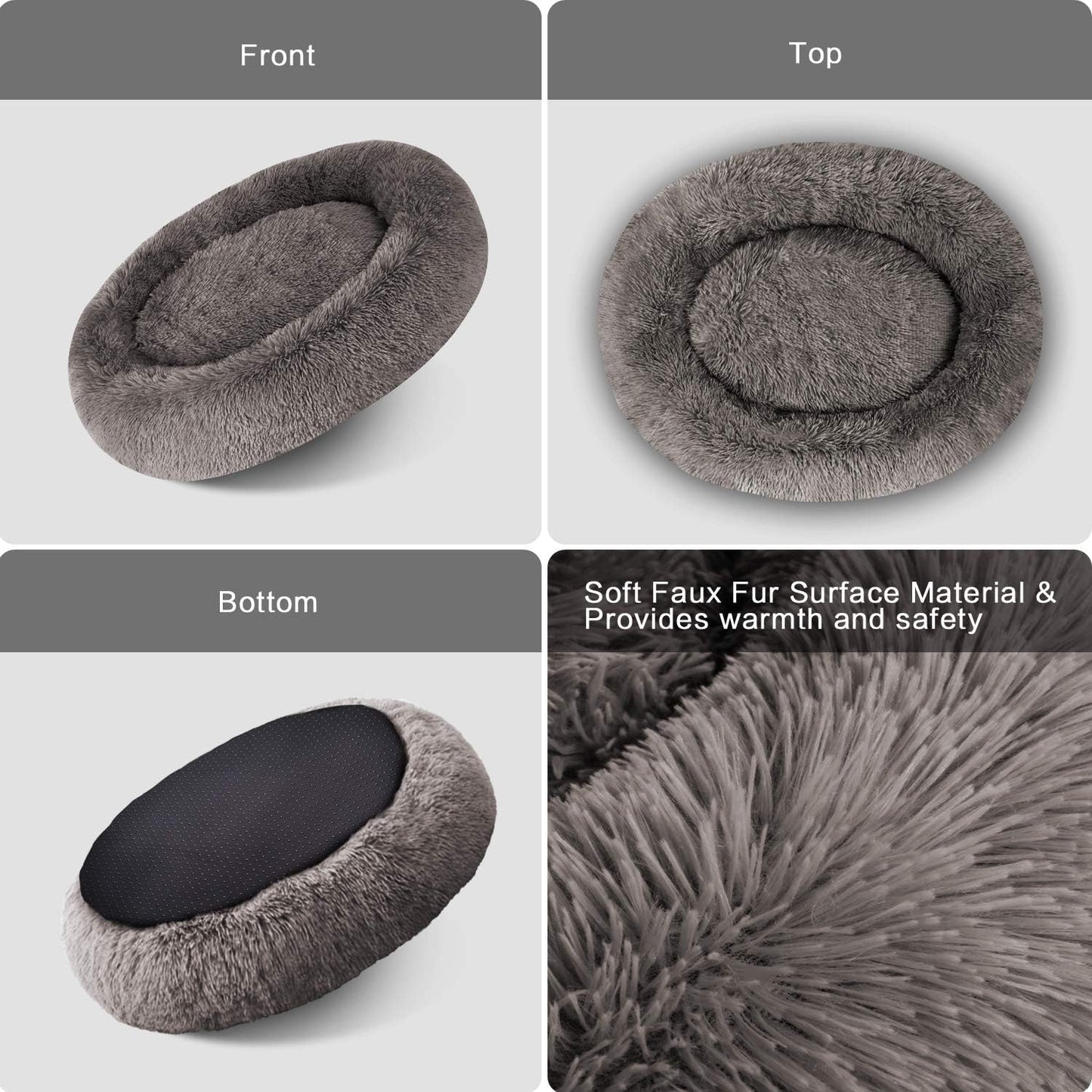 Donut Cat Bed, Faux Fur Dog Beds for Medium Small Dogs - Self Warming Indoor round Pillow Cuddler Black & Brown & Grey & Beige & Khaki