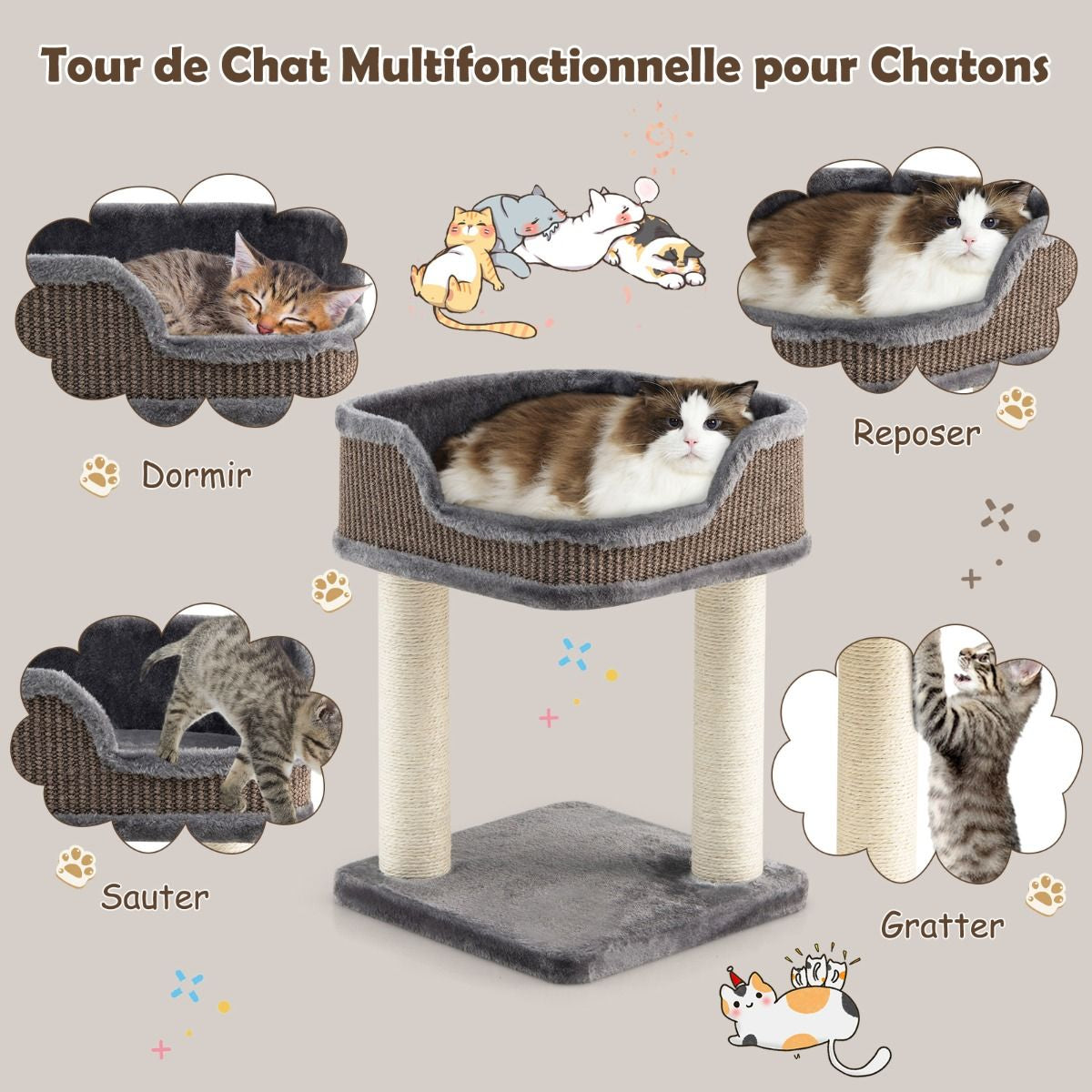 Tour D'Arbre À Chat Compacte Avec Perchoir En Peluche Et Griffoirs Pour Se Faire Ses Griffes Gris/Beige