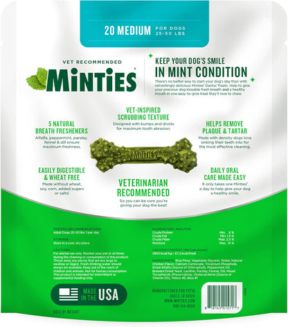 Dental Chews for Dogs, 20 Count, Vet-Recommended Mint-Flavored Treats for Medium Dogs 25-50 Lbs, Dental Bones Clean Teeth, Fight Bad Breath, and Removes Plaque and Tartar