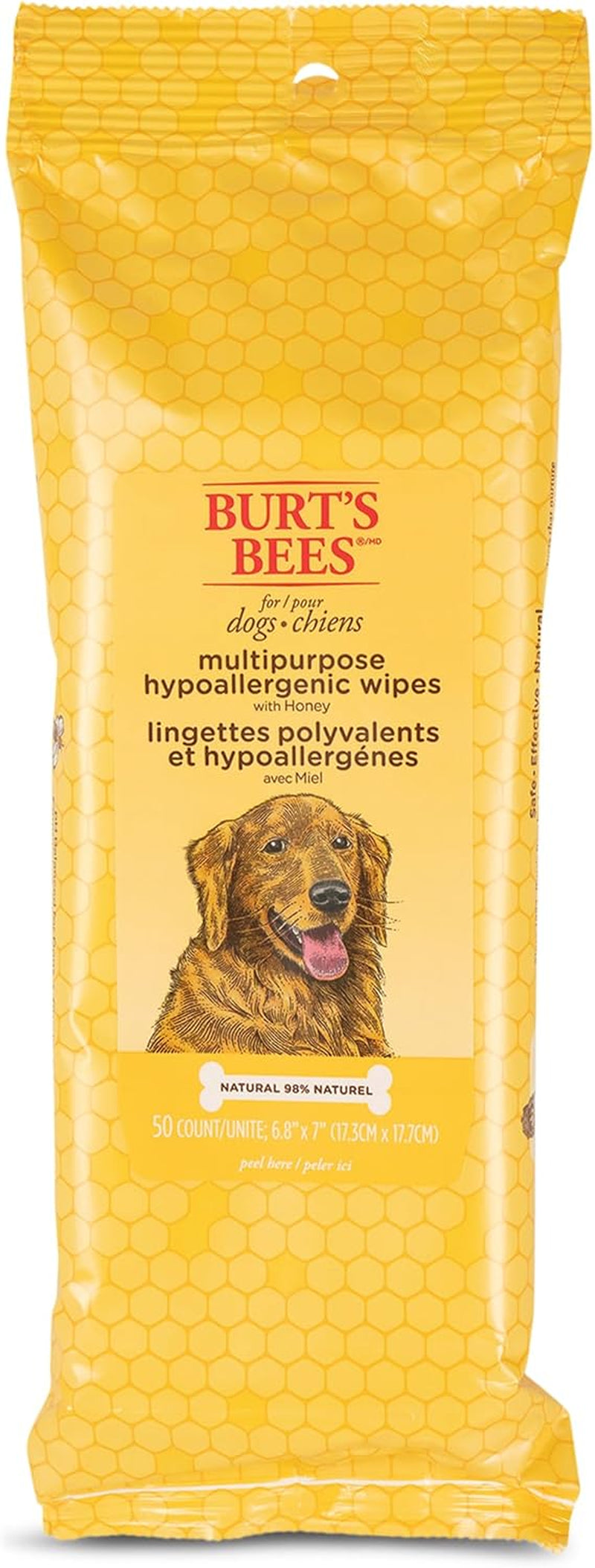 Multipurpose Dog Wipes with Honey, 98% Natural Origin Formulas, Hypoallergenic Dogs Wipe, Canine Cleaning Sheets for Paws and Butt, 3 Pk, 50Ct