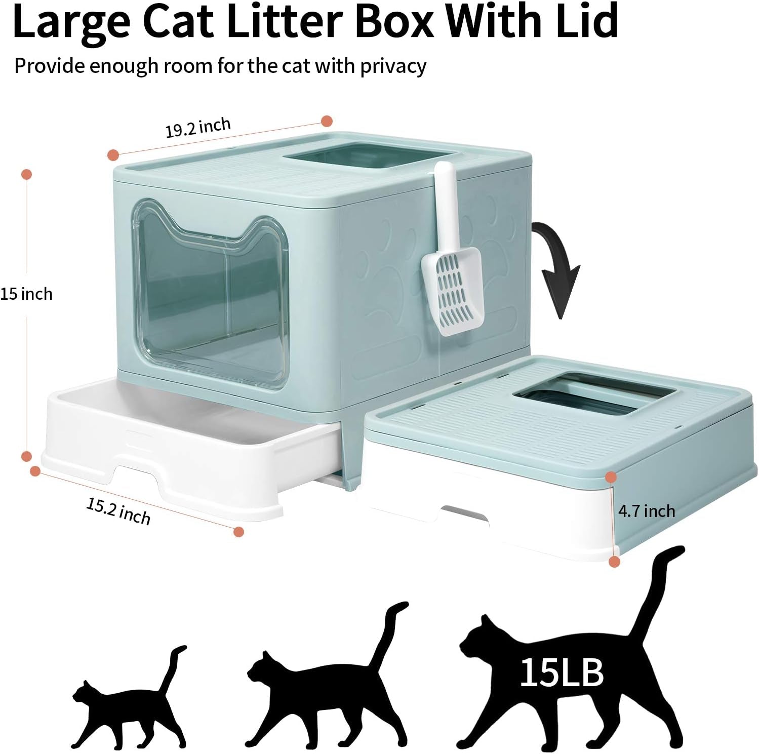 Large Top Entry Cat Litter Box with Lid, Foldable Cat Litter Box with Scoop, Extra Large Cat Litter Box Covered, Anti-Splashing Enclosed Cat Toilet Box (Blue)