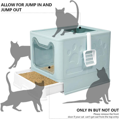 Large Top Entry Cat Litter Box with Lid, Foldable Cat Litter Box with Scoop, Extra Large Cat Litter Box Covered, Anti-Splashing Enclosed Cat Toilet Box (Blue)