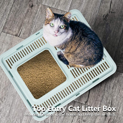 Large Top Entry Cat Litter Box with Lid, Foldable Cat Litter Box with Scoop, Extra Large Cat Litter Box Covered, Anti-Splashing Enclosed Cat Toilet Box (Blue)