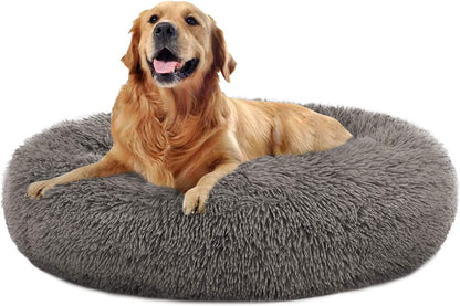 Donut Cat Bed, Faux Fur Dog Beds for Medium Small Dogs - Self Warming Indoor round Pillow Cuddler Black & Brown & Grey & Beige & Khaki