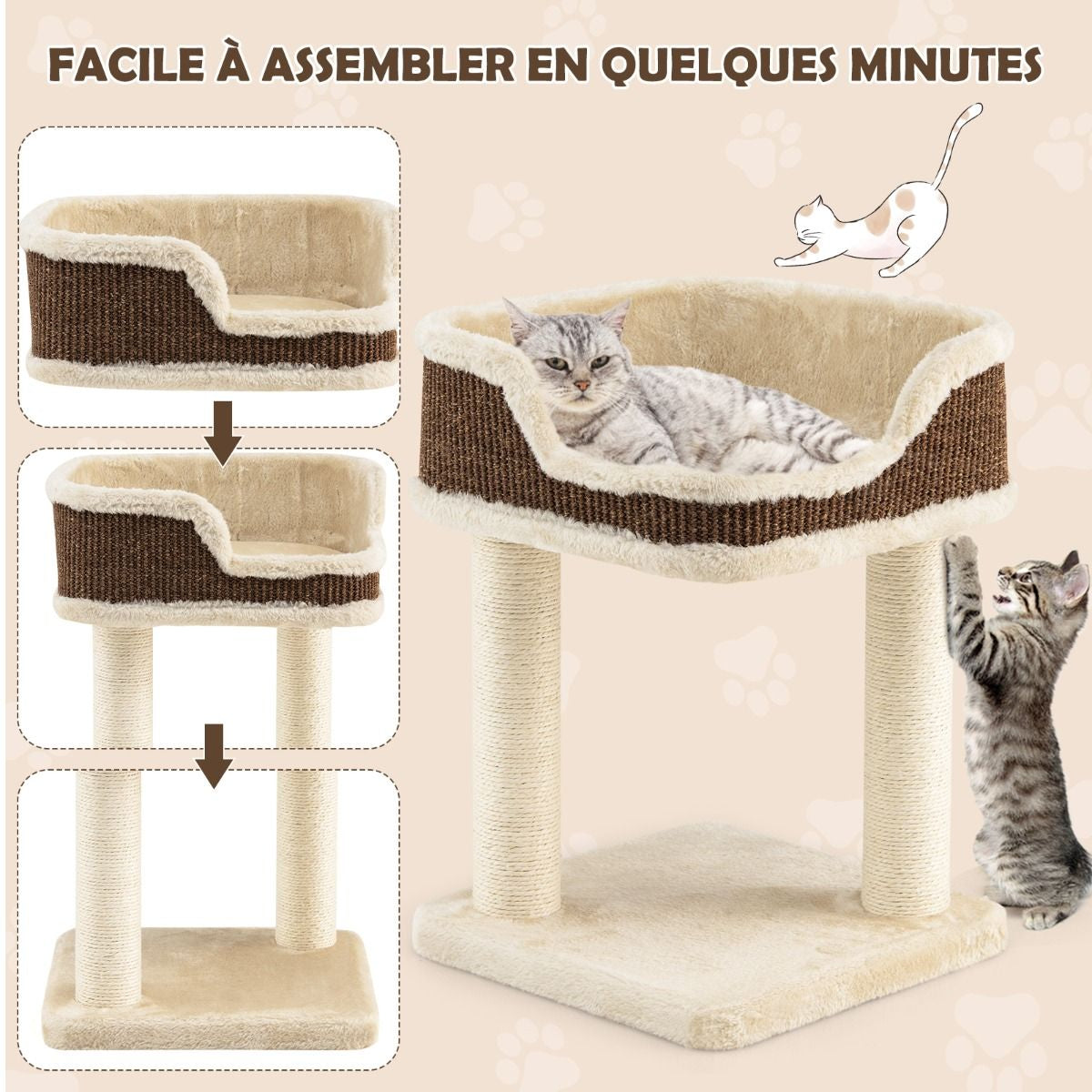 Tour D'Arbre À Chat Compacte Avec Perchoir En Peluche Et Griffoirs Pour Se Faire Ses Griffes Gris/Beige